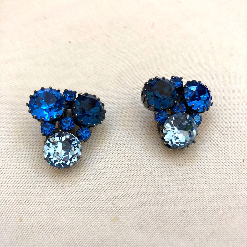 Clip-On Earrings Vintage Made In Austria 3 Stones Shades Of Blue Silver Tone